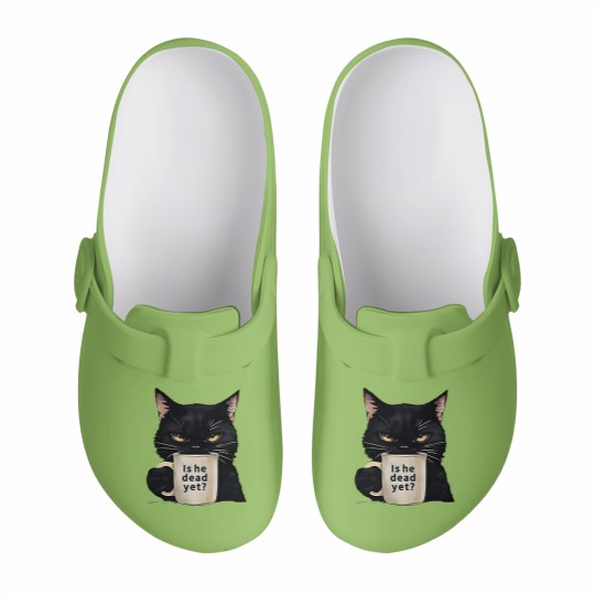 Discover Is He Dead Yet Black Cat Slip On Clogs, Dark Humor Graphic, Anti Trump Protest Slip On Clogs
