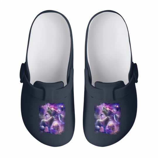 Discover Cosmic Wolf Howling At Moon In SpaceT Slip On Clogs