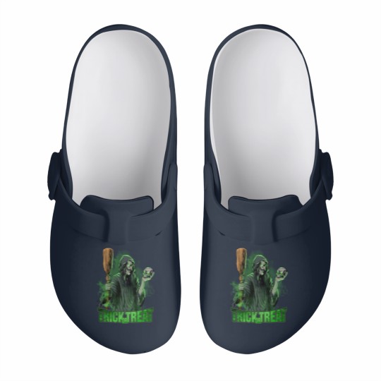 Discover Scary evil Witch with Skull and Broom Halloween Slip On Clogs