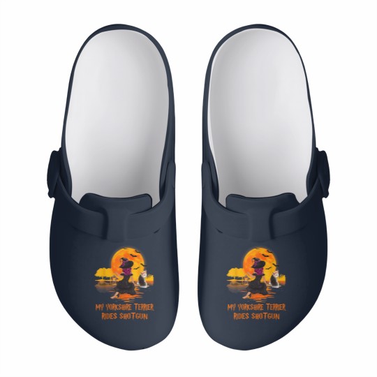Discover My Yorkshire Terrier Rides Shotgun Dog and Witch Halloween Slip On Clogs