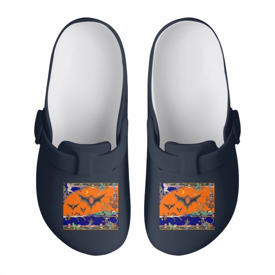 Discover WEIRD MEDIEVAL BESTIARY,FLYING BATS IN NIGHT BLUE Slip On Clogs