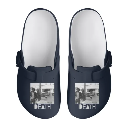 Discover Death - proto-punk band from Detroit White Letters Logo Slip On Clogs
