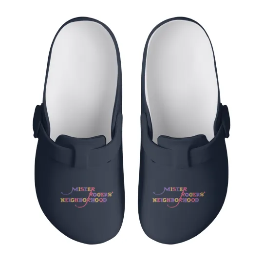 Discover Mister Rogers Colorful Logo Charcoal Slip On Clogs