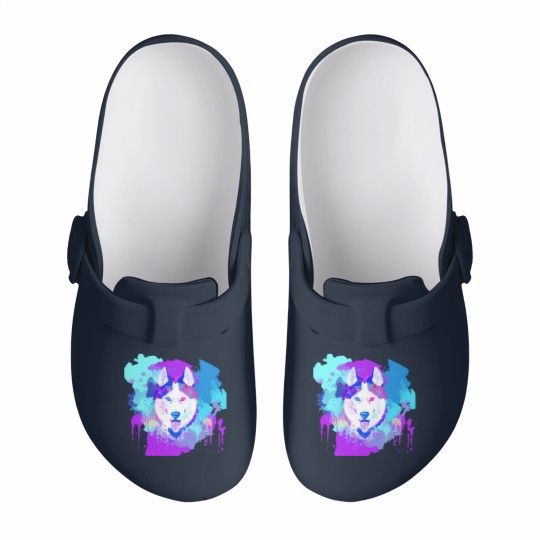 Discover Husky Artwork Husky Dog Watercolor, Husky Artwork, Husky apparel, Colorful Husky Slip On Clogs