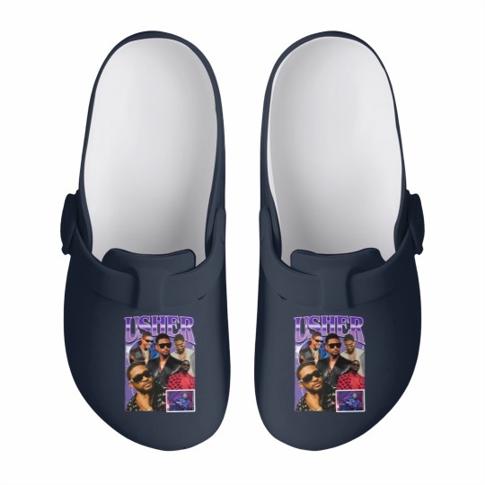 Discover Limted Rapper Usher Slip On Clogs, Vintage Usher 90s Slip On Clogs, Retro Usher Graphic Slip On Clogs