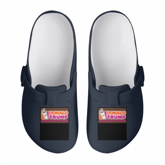 Discover America runs on Trump, Donald Trump Slip On Clogs, Punny Slip On Clogs, Dunkin, Coffee Slip On Clogs