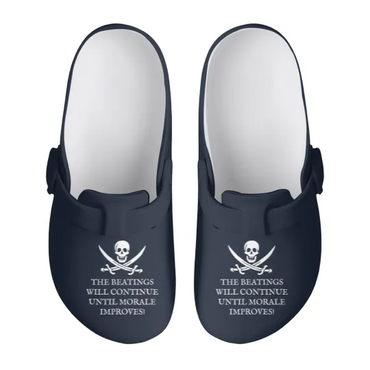 Discover Skull and Crossbones Pirates Life - The Beatings Will Continue Until Morale Improves! Slip On Clogs