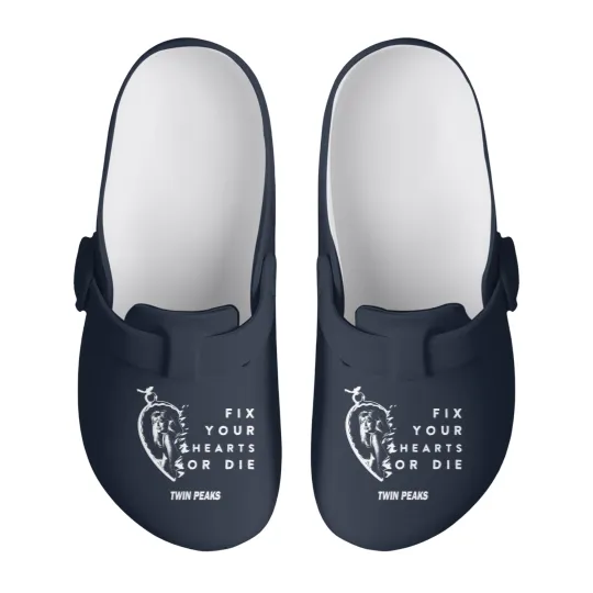 Discover Fix Your Hearts or Die Slip On Clogs, Unisex Slip On Clogs, Twin Peaks Slip On Clogs, David Lynch Slip On Clogs, TV Show Fans Slip On Clogs