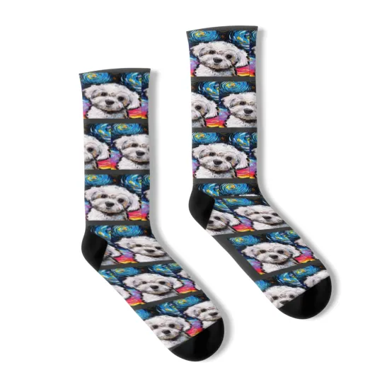 Discover Dog Maltese Maltipoo Portrait Starry Night Dog Cute Maltese Art by Aja Socks