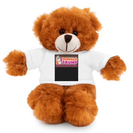 Discover America runs on Trump, Donald Trump Stuffed Animals With Tee, Punny Stuffed Animals With Tee, Dunkin, Coffee Stuffed Animals With Tee