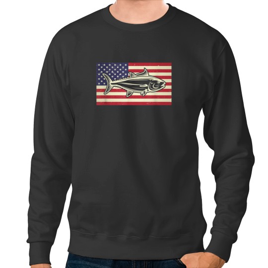 Discover Distressed USA American Flag Patriotic Big Tuna Fishing Sweatshirts