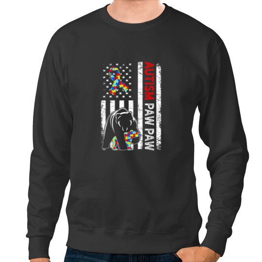 Discover Distressed American Flag Autism Paw Paw Bear Awareness Sweatshirts