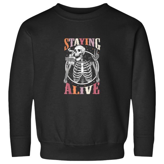 Discover Staying Alive Skeleton Drinking Coffee Lover Gif Sweatshirts