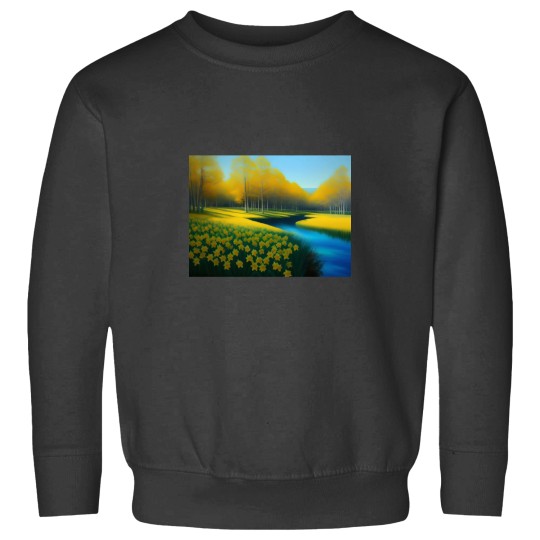 Discover Yellow springtime daffodils by the blue woods stream New Eng land floral landscape nature painting Ac Sweatshirts
