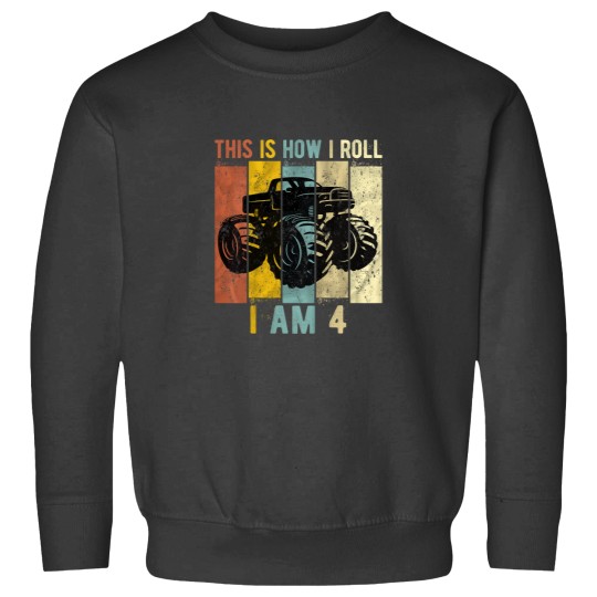 Discover Kids 4 Year Old Birthday Boy Monster Truck 4th Birthday Sweatshirts