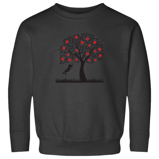 Discover Girl Swing On Tree Cute Girl Pushing a Swing under a Red flowering tree. Sweatshirts