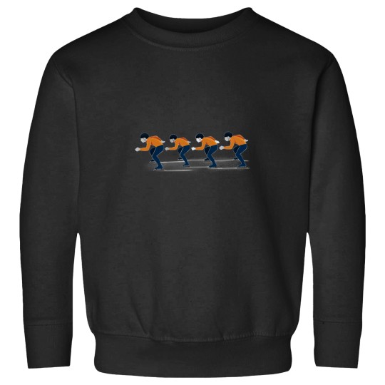 Discover Speedskaters in Orange and Blue Sweatshirts