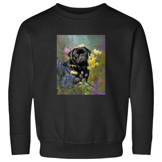 Discover black pug dog in flower garden Sweatshirts