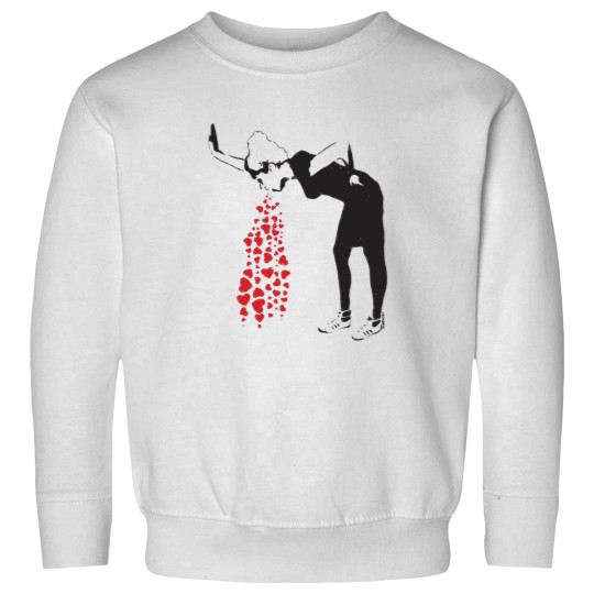 Discover Banksy graffiti Love Sick Woman with snickers vomitting hearts Black and White with grunge Sweatshirts