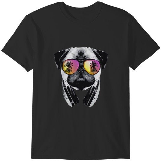 Discover Pug With Sunglasses And Headphones Party Summer Palm Trees T-Shirts