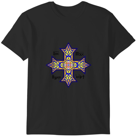Discover Coptic Orthodox Cross with text on blue T-Shirts