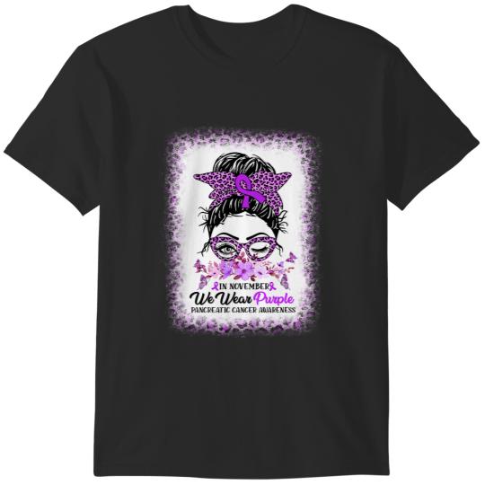 Discover In November We Wear Purple Pancreatic Cancer Messy Bun 1 T-Shirts