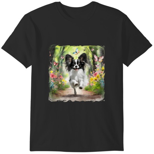 Discover beautiful black and white papillon dog running down a path T-Shirts