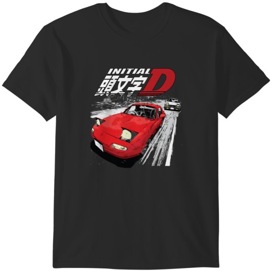 Discover Initial D - Mountain Drift Racing Tandem Takumi Fujiwara AE86 vs Toru Suetsugu's Eunos MX5 miata NA Roadster Poster T-Shirts