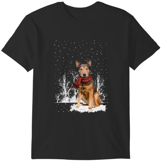 Discover Christmas Shepherd Terrier With Scarf Christmas Shepherd Terrier With Scarf In Winter Forest T-Shirts