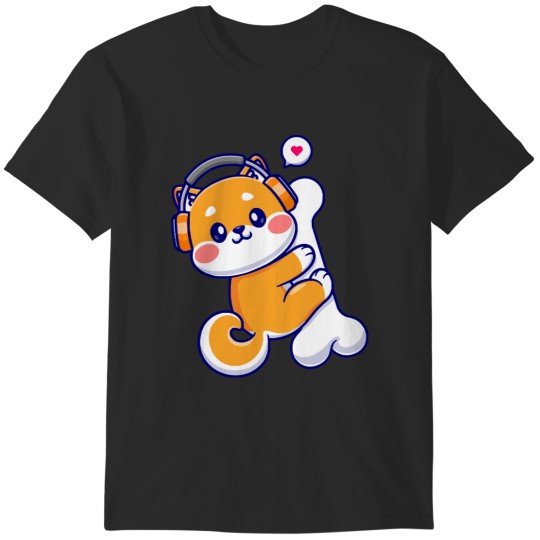 Discover Cute Shiba Inu Hug Bone With Headphone Cute Shiba Inu Hug Bone With Headphone Cartoon T-Shirts