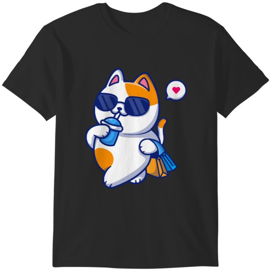 Discover Cute Cat Drink And Holding Bag Cartoon Cute Cat Drink And Holding Bag Cartoon T-Shirts