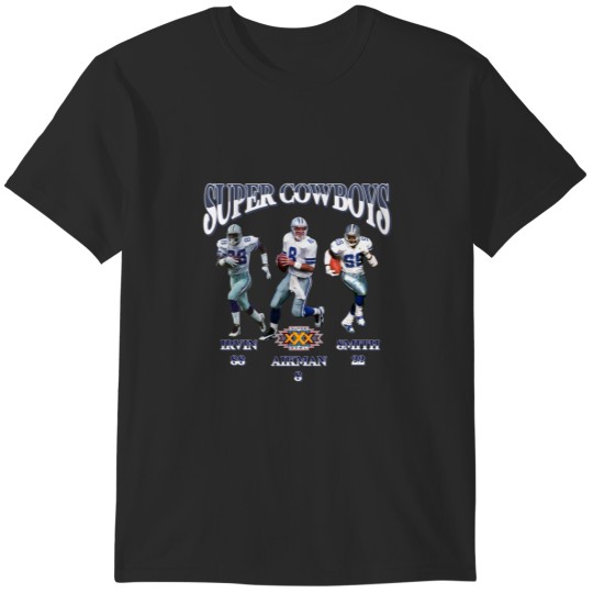 Discover Find 1995 Super Cowbxoys Vintage Michael Irvin #88 + Troy Aikman #8 + Emmitt Smith #22 Super Bsowl XXX Classic 90's Dallas Coswboys Promo T-Shirts