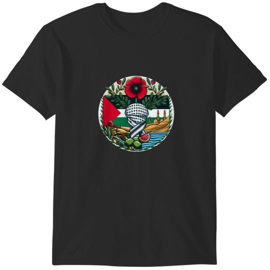 Discover Palestine Flag Poppy Flowers Keffiyeh River Olives Watermelon Sea AlQuds T-Shirts
