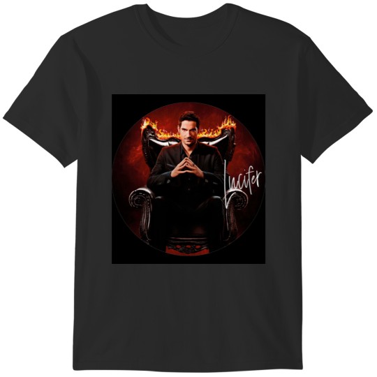 Discover Lucifer circle script photographic print T-Shirts