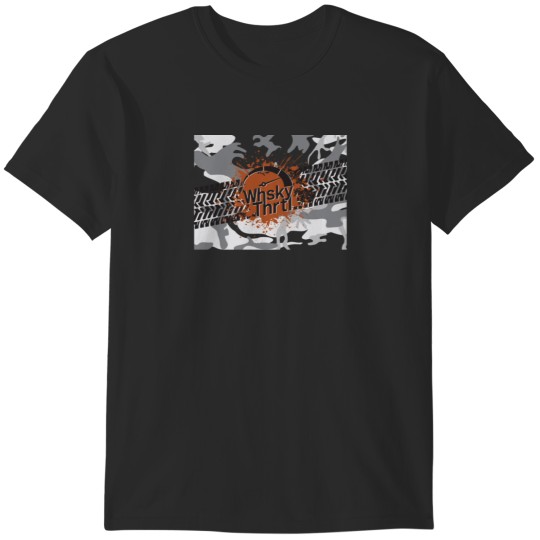 Discover Muddy Whisky Throttle Gauge With Tire Track on Camo Background T-Shirts