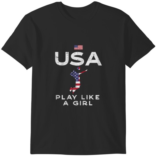 Discover USA Flag Play Like Girl Volleyball Vintage Patritotic Women T-Shirts
