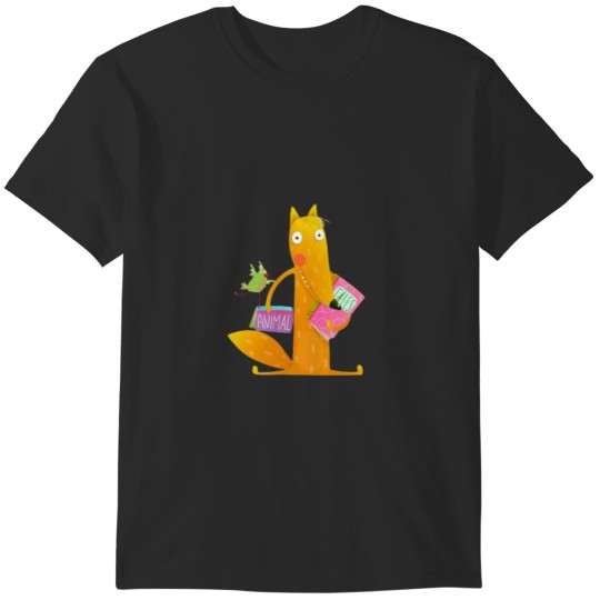 Discover cartoon fox reading books with bird friend cute red fox and birdie sitting and reading books wild T-Shirts