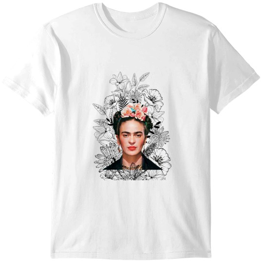 Discover Frida Kahlo print, black and white flowers T-Shirts
