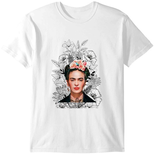 Discover Frida Kahlo portrait color, black and white flowers, gray background Relaxed Fit T-Shirts
