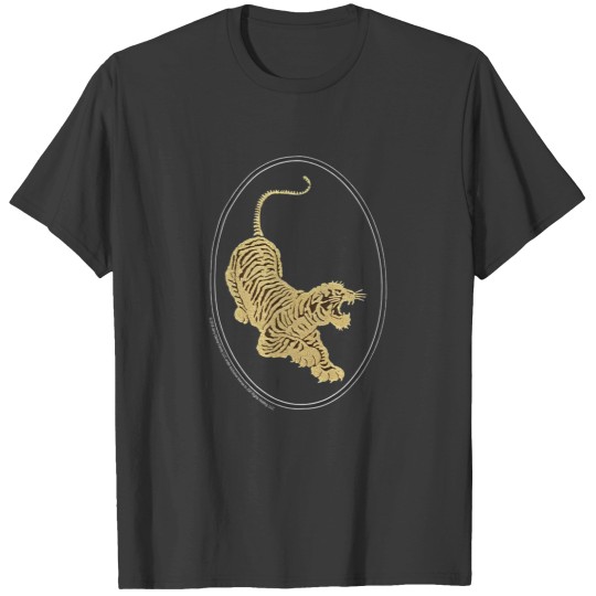 Discover Jerry Garcia T-Shirt- Tiger Guitar emblem, Gold metallic ink on a Black shirt