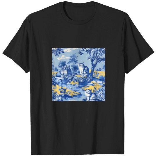 Discover Whimsical cats French toile de jouy in blue and yellow T-Shirts