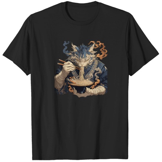 Discover Japanese Art Ramen Cat Ninja Ukiyo-E Anime Style Samurai Cat T-Shirt (13) T-Shirts