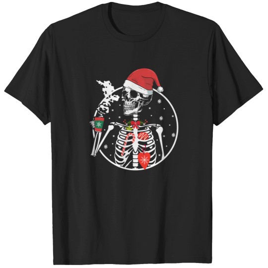 Discover Christmas-Skeleton-With-Smiling-Skull-Drinking-Coffee-Latte-(2) T-Shirt T-Shirts