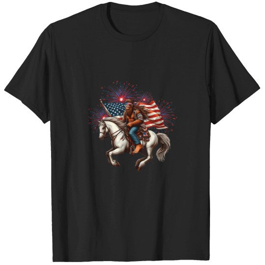 Discover bigfoots Riding Horse Fireworks 4th of July Sasquatch US Flag T-Shirts