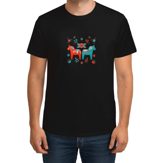 Discover Folk Art - Swedish Dala Horses - Red Turquiose T-Shirt T-Shirts
