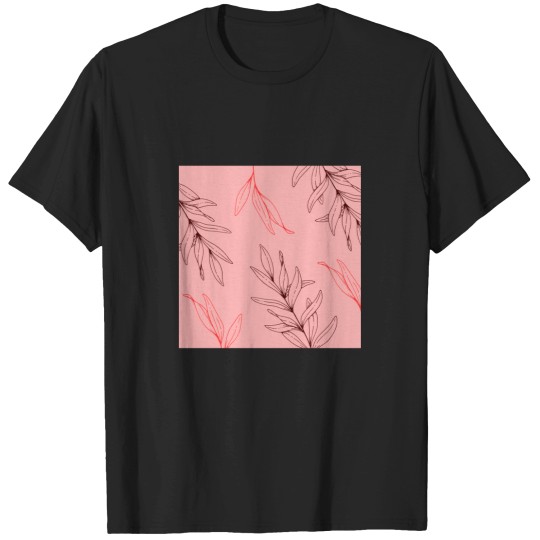Discover Pink Red Tropical Leaves Line Drawing   T-Shirt T-Shirts