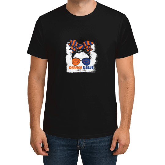 Discover Orange And Blue Vibes Only Football Mom Gameday Messy Hair T-Shirts