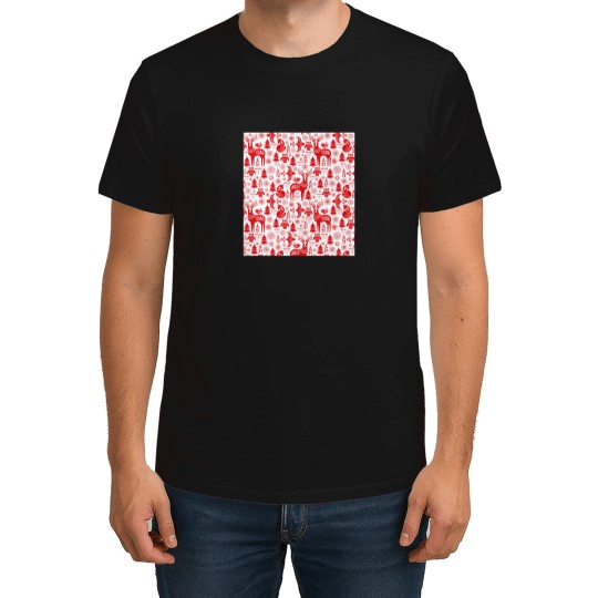 Discover Christmas Seamless Pattern With Deer Owls Foxes And Birds In White And Red Scandinavian Style Folk Art T-Shirts