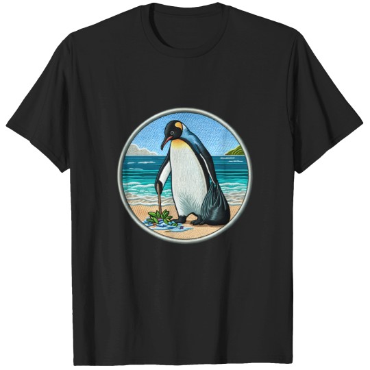 Discover Beach Cleanup Penguin Embroidery-Style Ocean Advocate T-Shirts