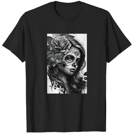 Discover Black and White Day of the Dead Girl Tattoo Style Art Print T-Shirts
